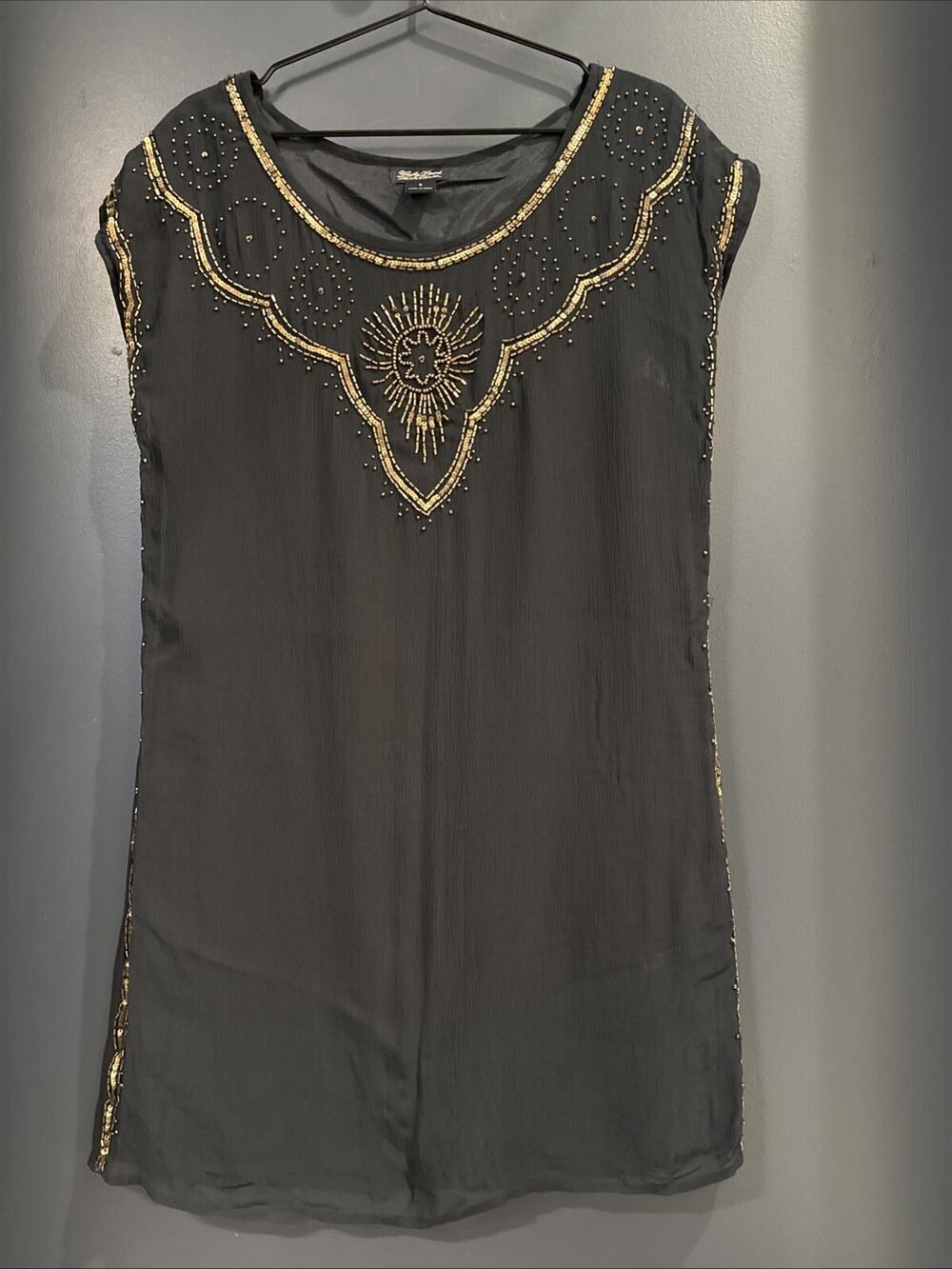 Lucky Brand Boho Beaded Sequined Black Gold Tunic Size S